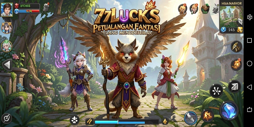 Screenshot gameplay <strong>77LUCKS</strong> yang menampilkan pertempuran epik di dunia fantasi.