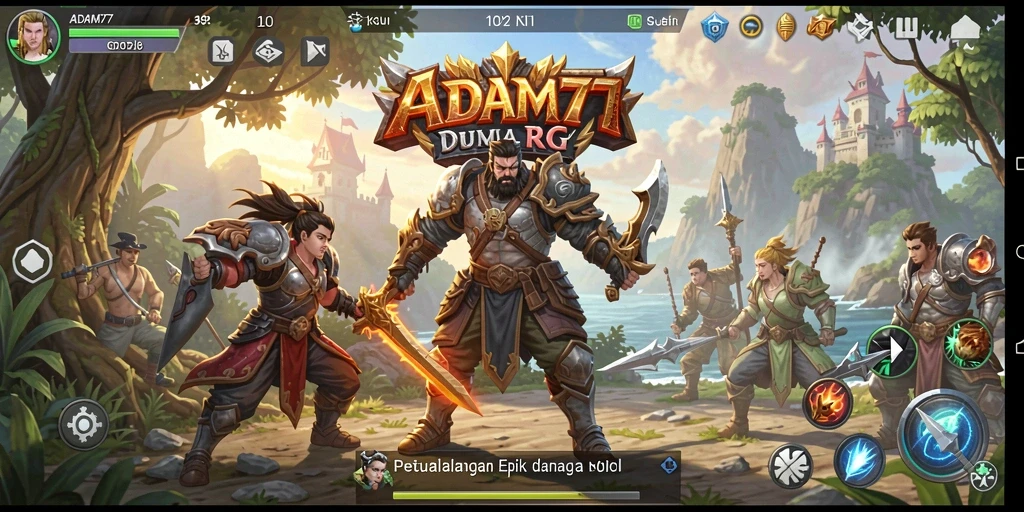 Tangkapan layar menunjukkan karakter beraksi dalam pertempuran epik di ADAM77.