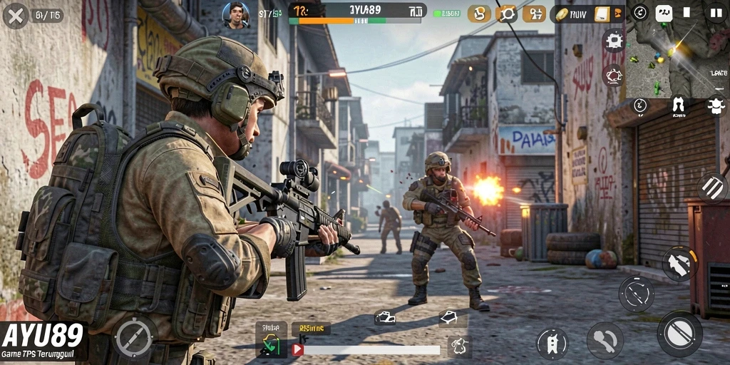 Screenshot gameplay AYU89 menampilkan aksi pertempuran mendebarkan dalam mode TPS.