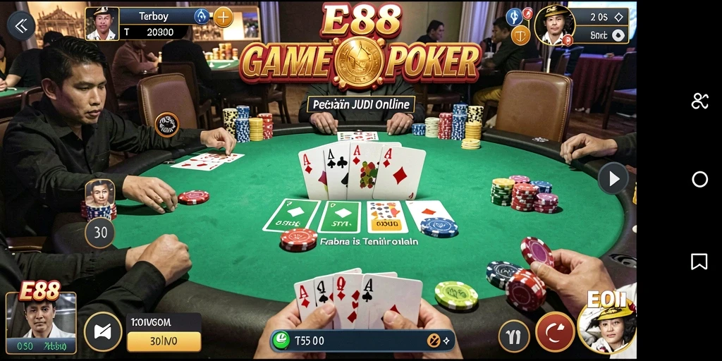 Screenshot gameplay E88 menampilkan aksi Poker yang mendebarkan.