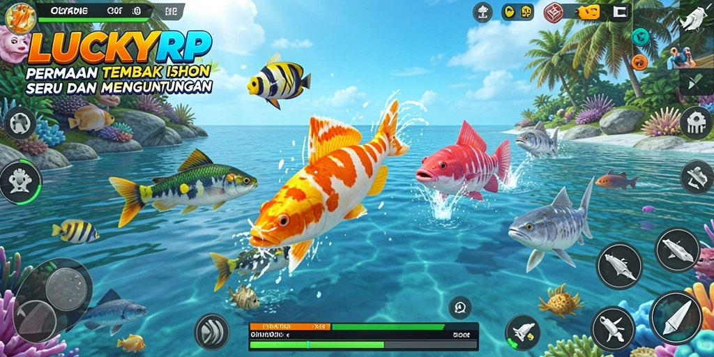 Screenshot gameplay LUCKYRP menampilkan momen menembak ikan yang seru.