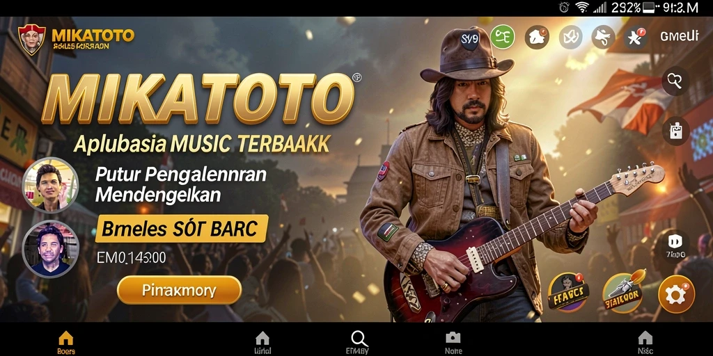 Screenshot gameplay MIKATOTO menampilkan antarmuka aplikasi dengan berbagai genre musik.