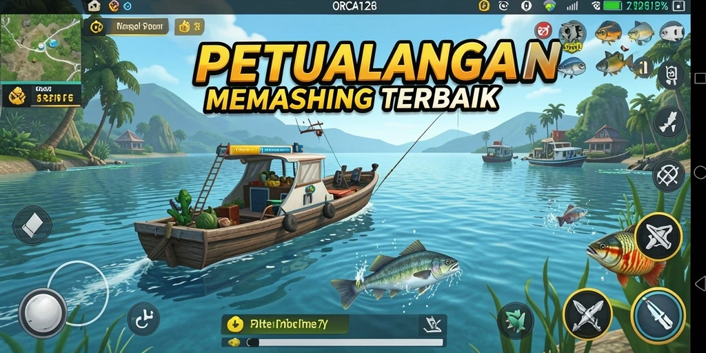 Screenshot gameplay ORCA128 menampilkan aksi memancing yang seru dan grafis luar biasa.