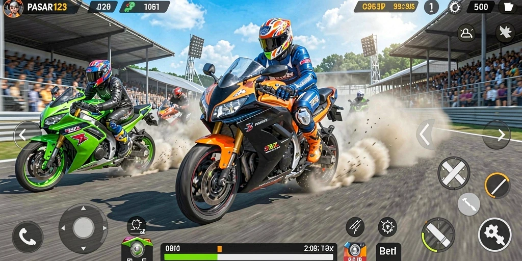 Tampilan gameplay PASAR123 yang mendebarkan dalam balapan motor.