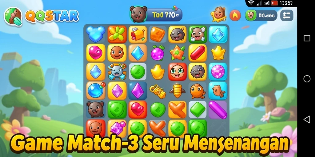 Screenshot gameplay QQSTAR menampilkan momen seru permainan Match-3.