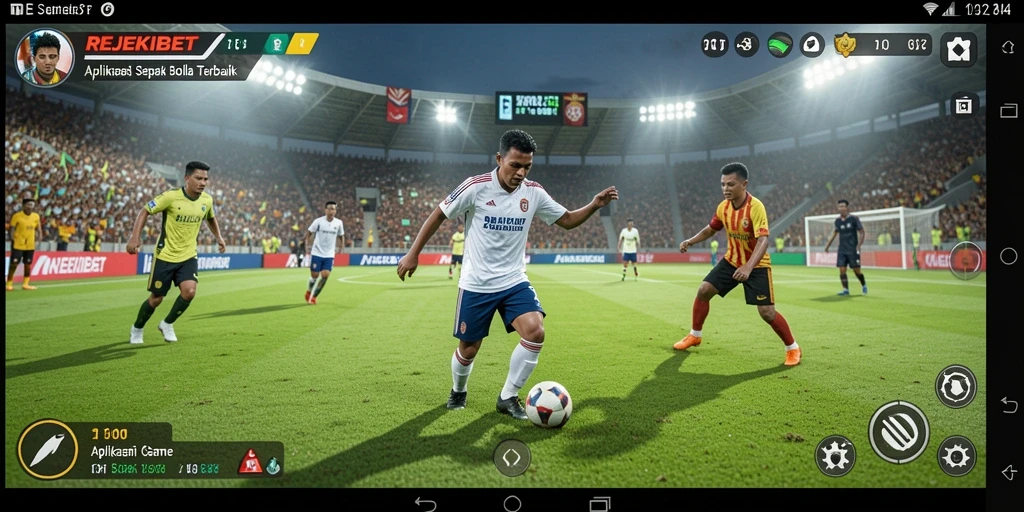 Gameplay REJEKIBET menampilkan aksi pertandingan sepak bola yang mendebarkan.