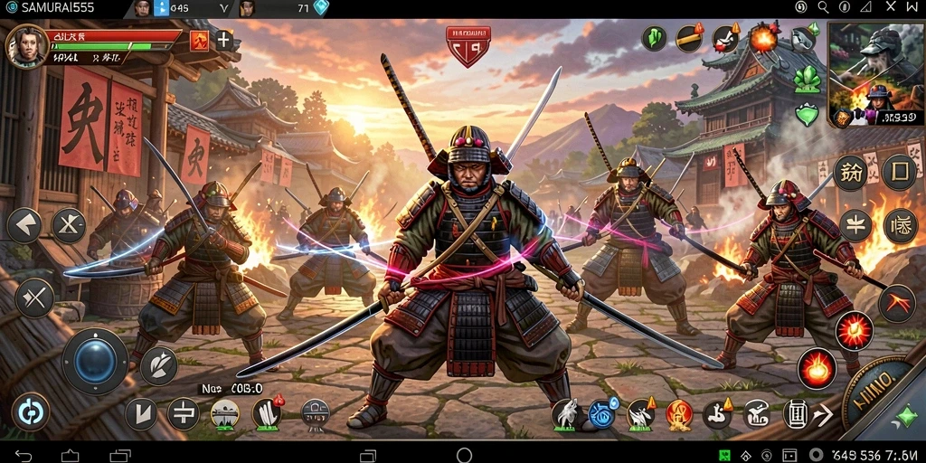 Tampilan gameplay epik SAMURAI555 dalam pertempuran TPS.