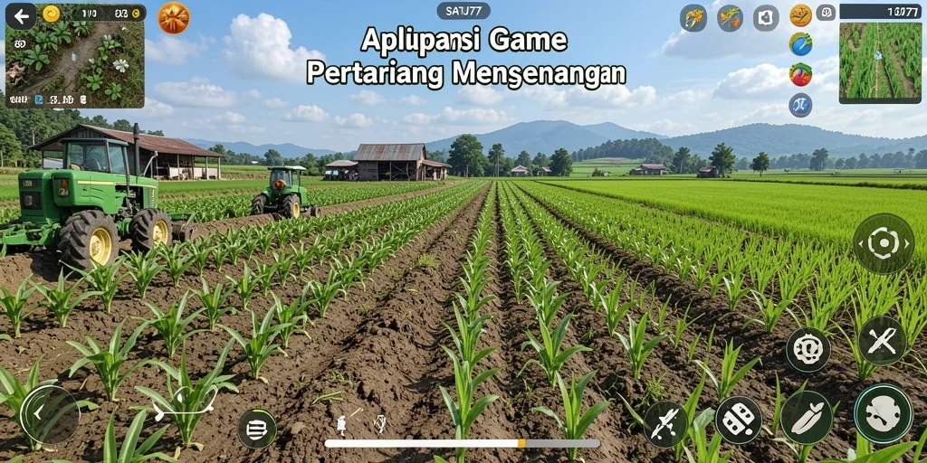 Screenshot gameplay SATU77 memperlihatkan ladang subur dan hewan ternak yang bahagia.